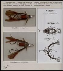 Spring-loaded fish lure in set and sprung positions.